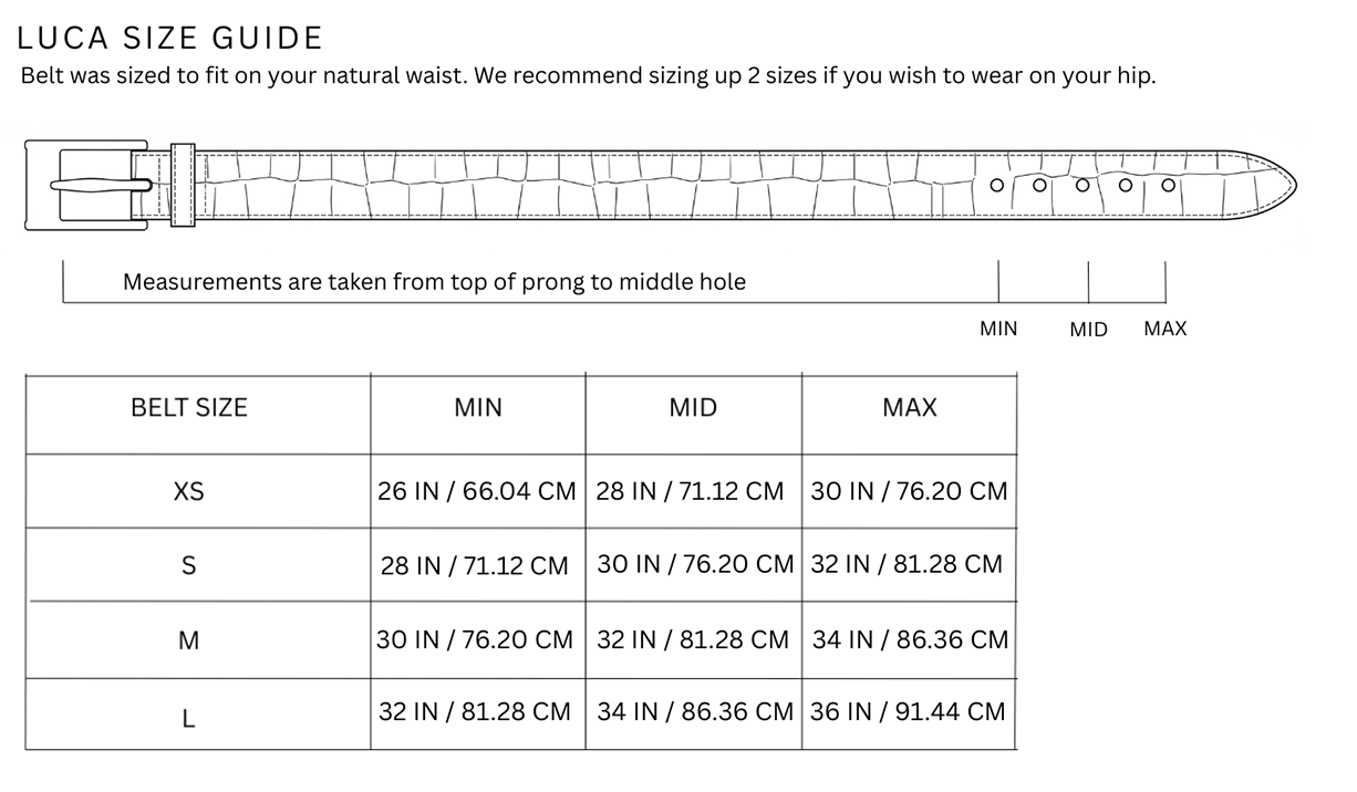 Size chart for Luca Belt