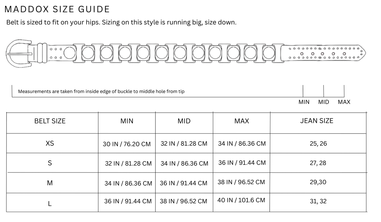 Size chart for Maddox / Black