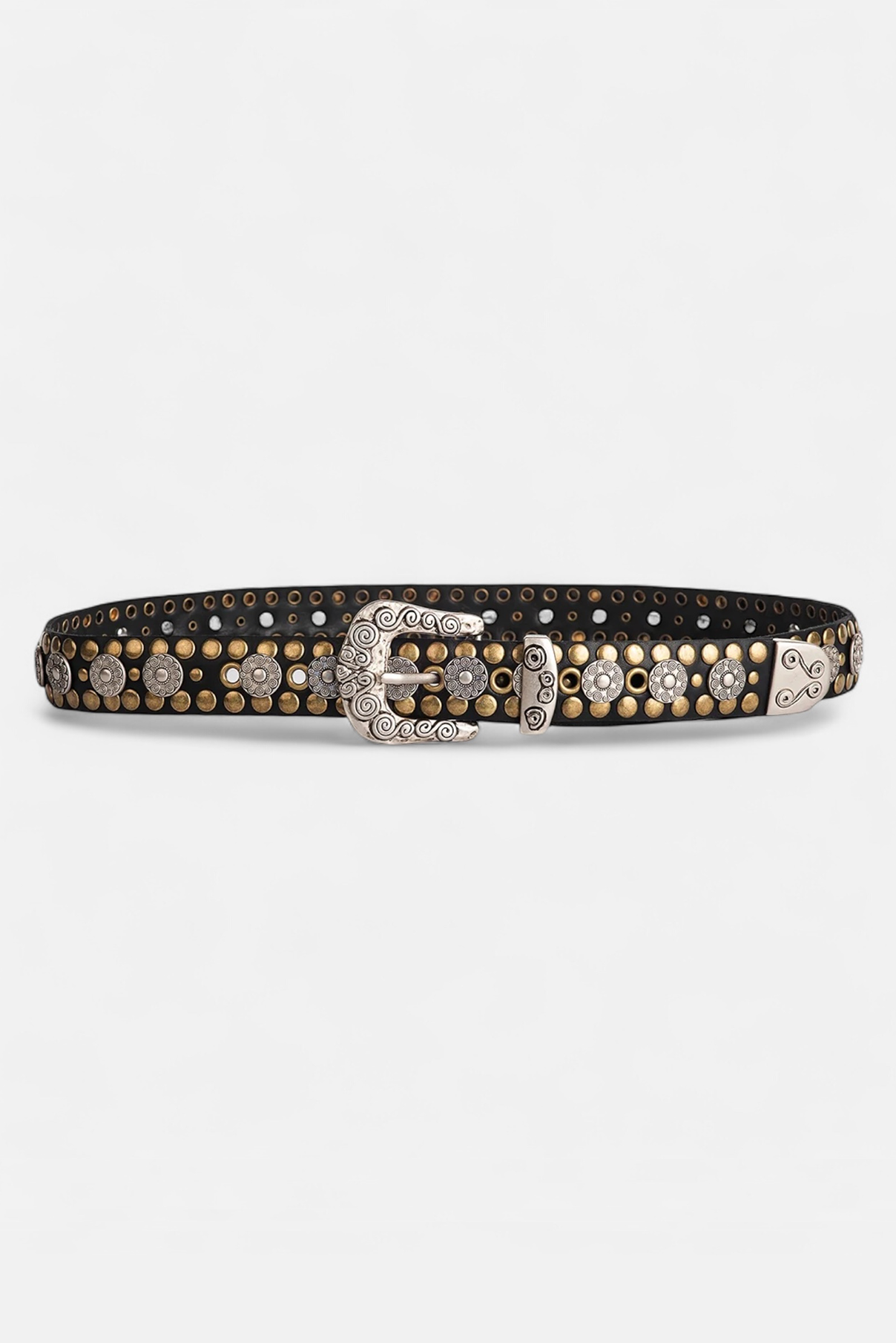 Marlowe black studded leather belt displayed rolled to show ornate silver buckle and floral studs.