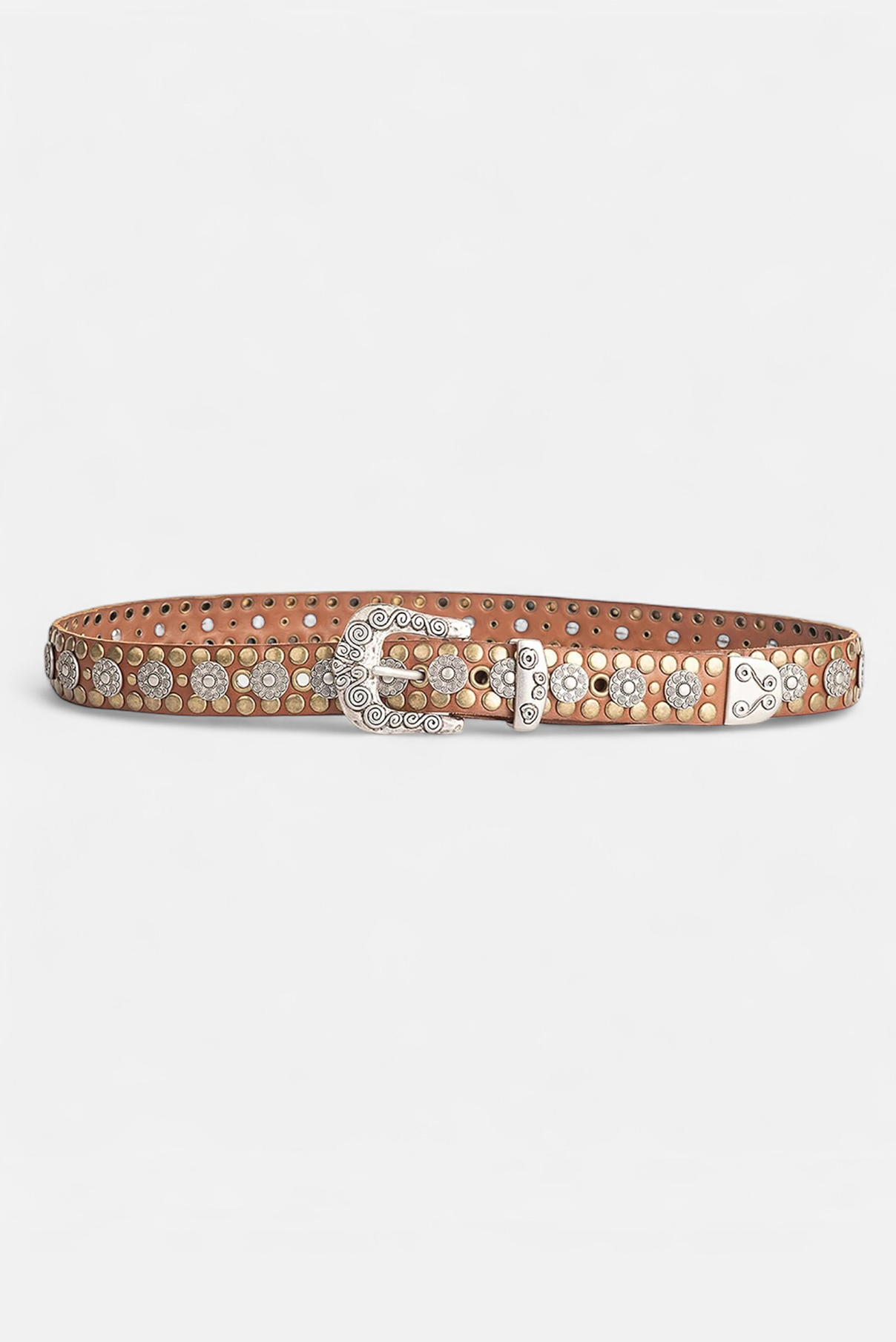 Marlowe cognac studded leather belt displayed rolled to show silver buckle and floral studs.
