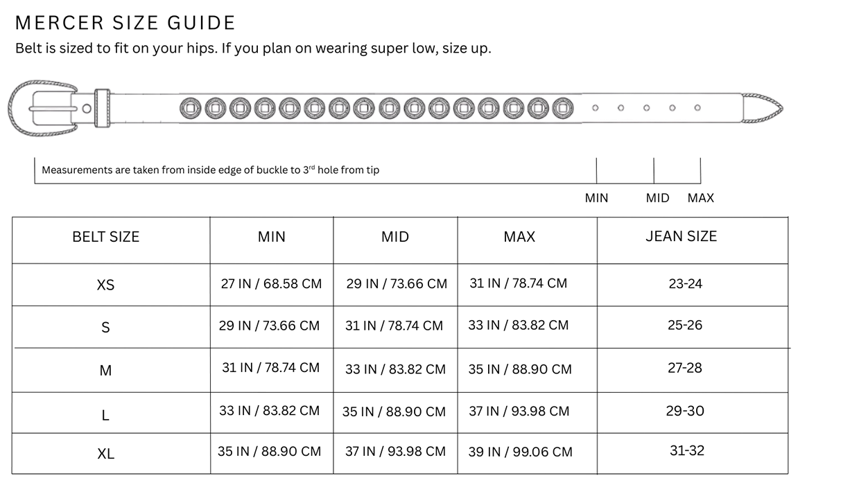 Size chart for Mercer Belt