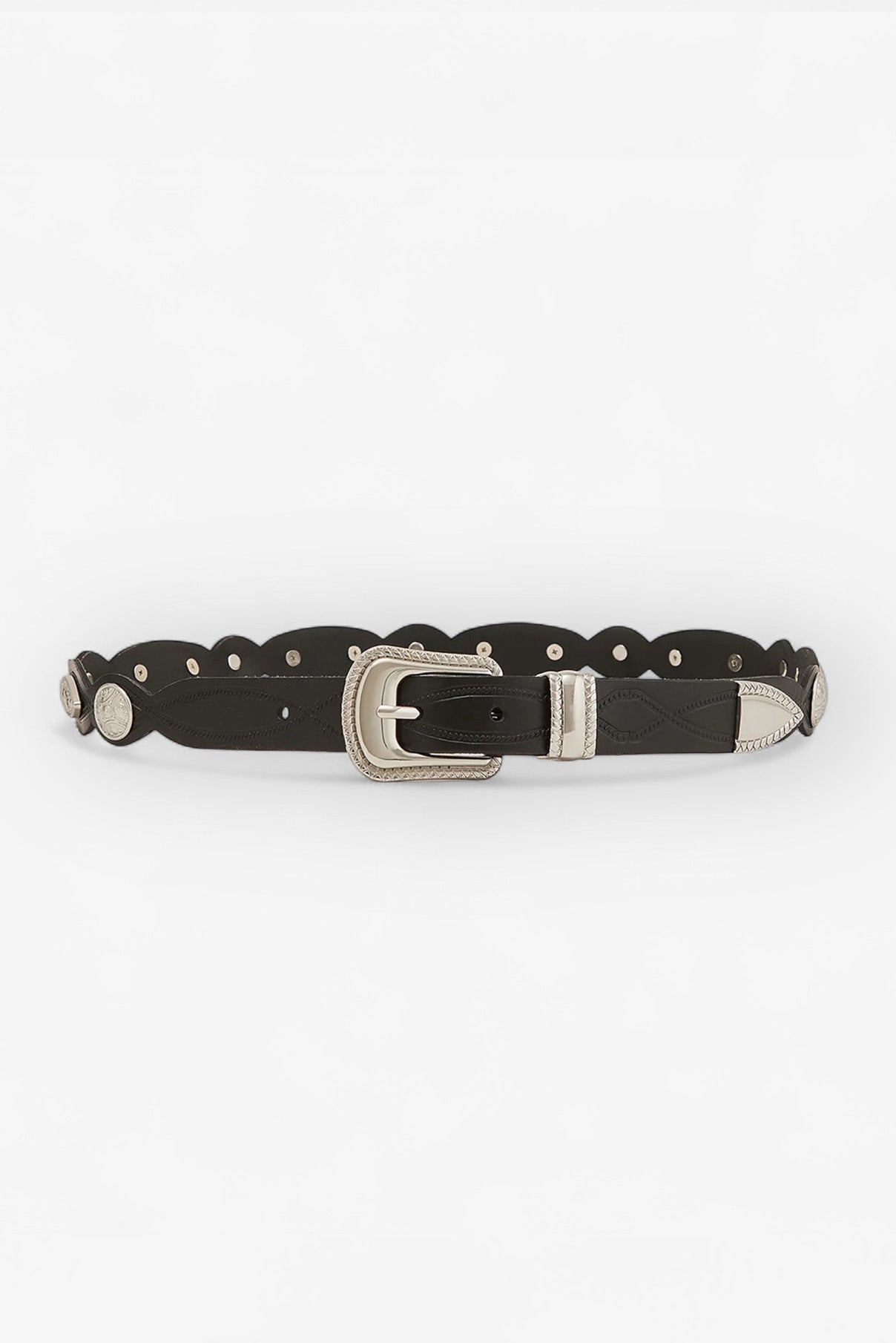 Monroe black leather belt displayed rolled to show engraved silver western hardware.