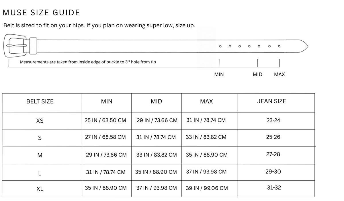 Size chart for Muse Belt / Saddle