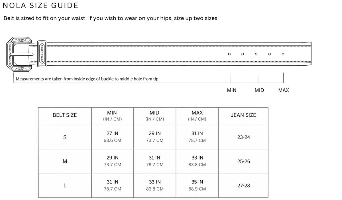 Size chart for Nola Belt / Dark Brown