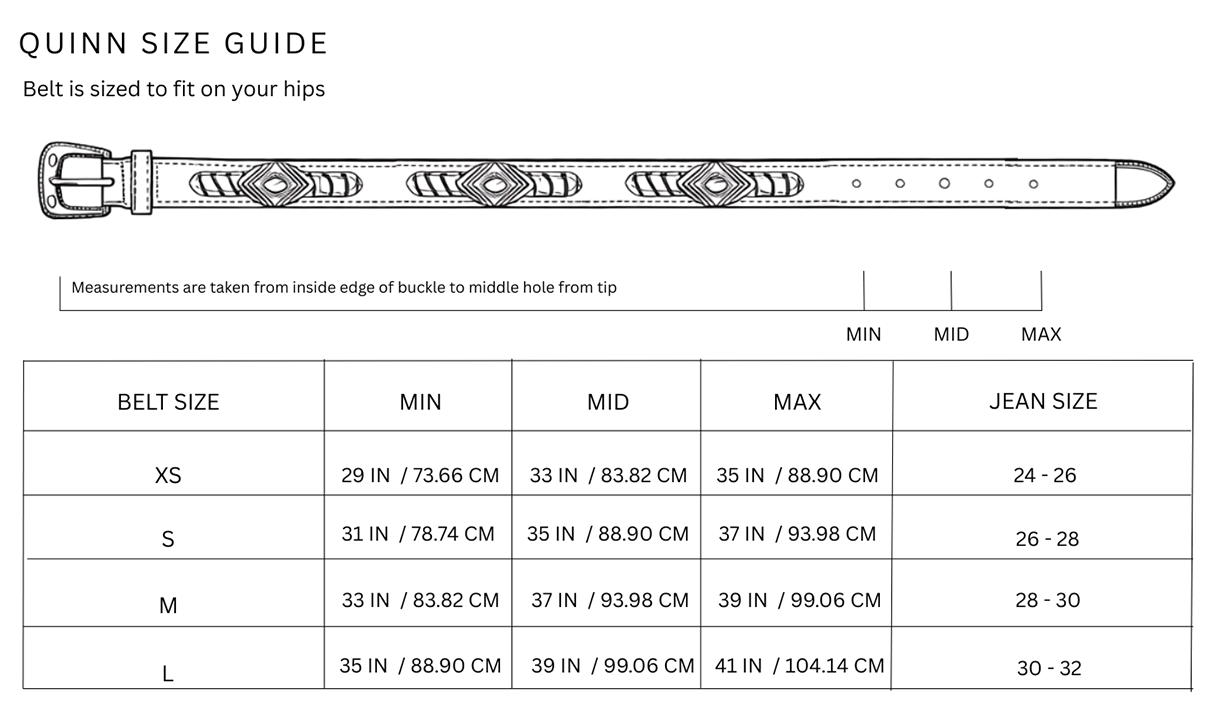 Size chart for Quinn / Cognac