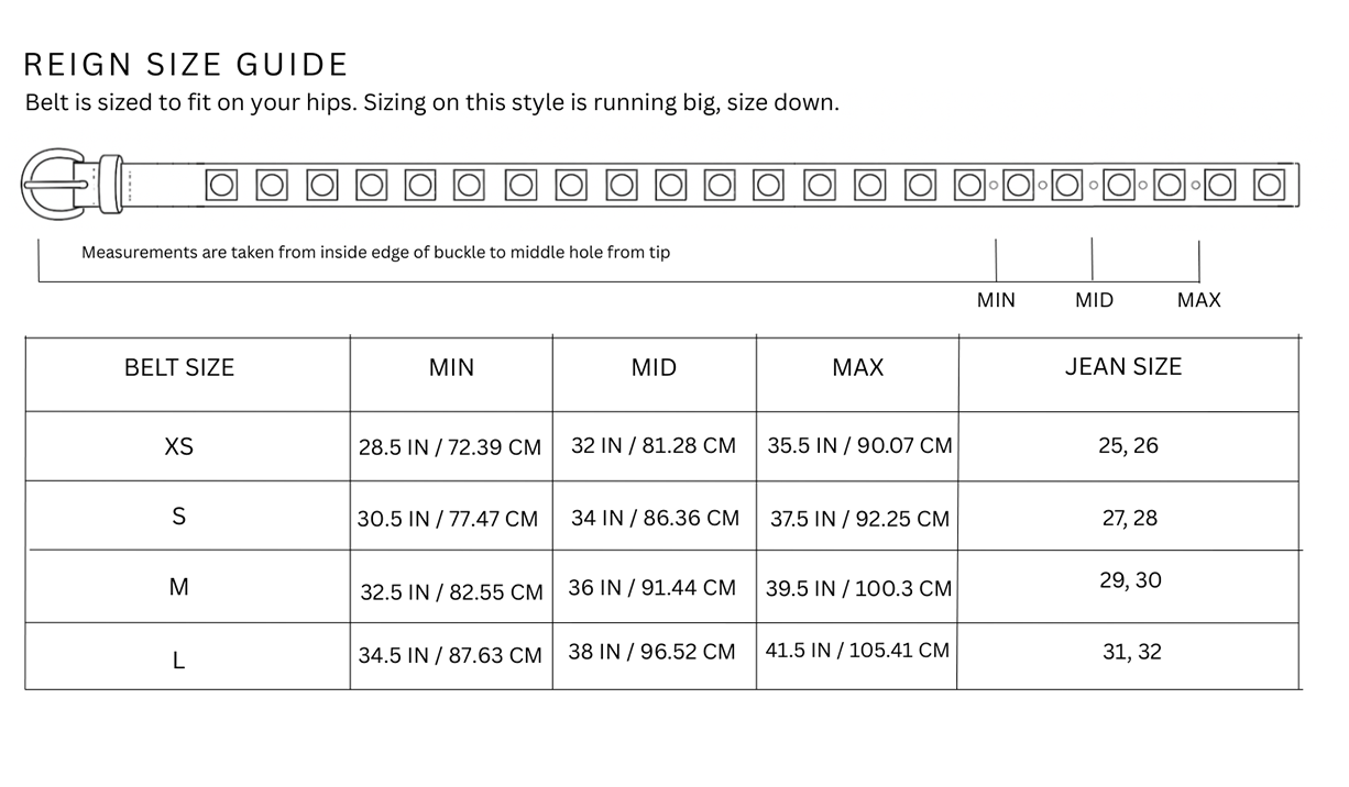 Size chart for Reign / Dark Brown