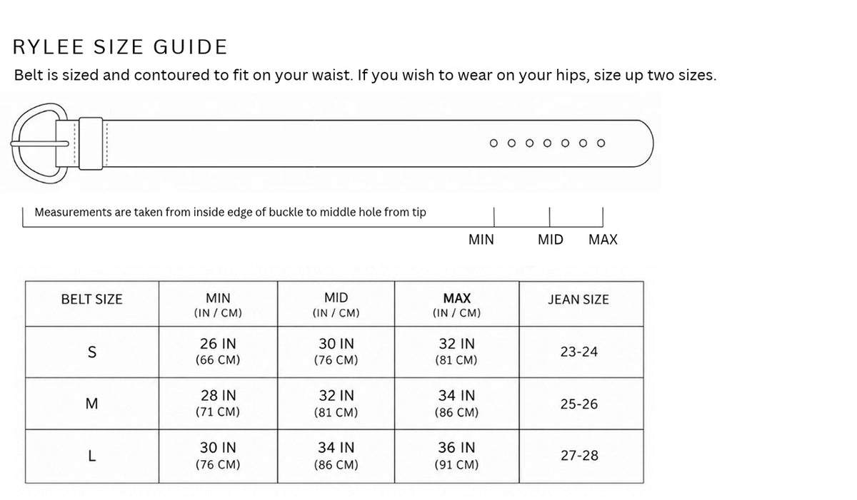 Size chart for Rylee Belt / Black