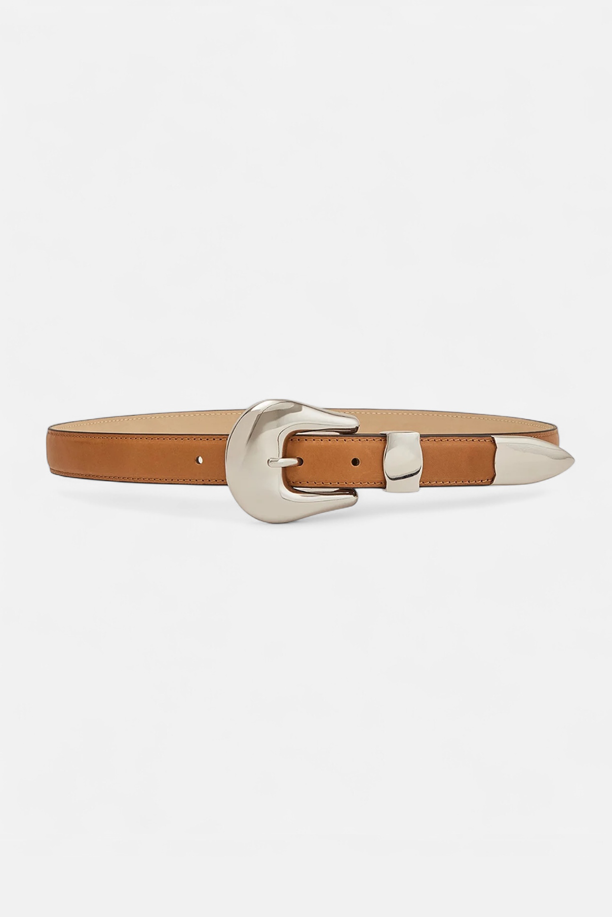 Sawyer camel leather belt displayed rolled to show polished silver western buckle.