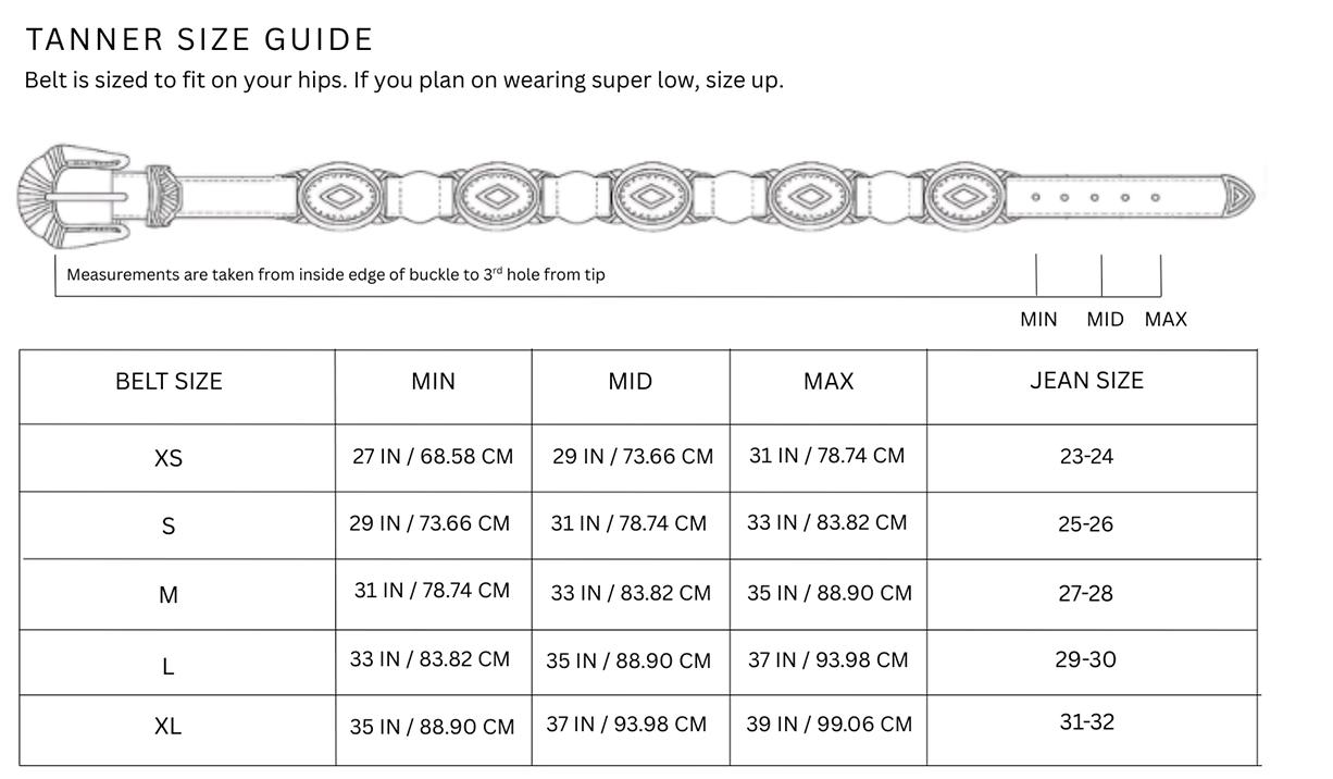 Size chart for Tanner / Espresso