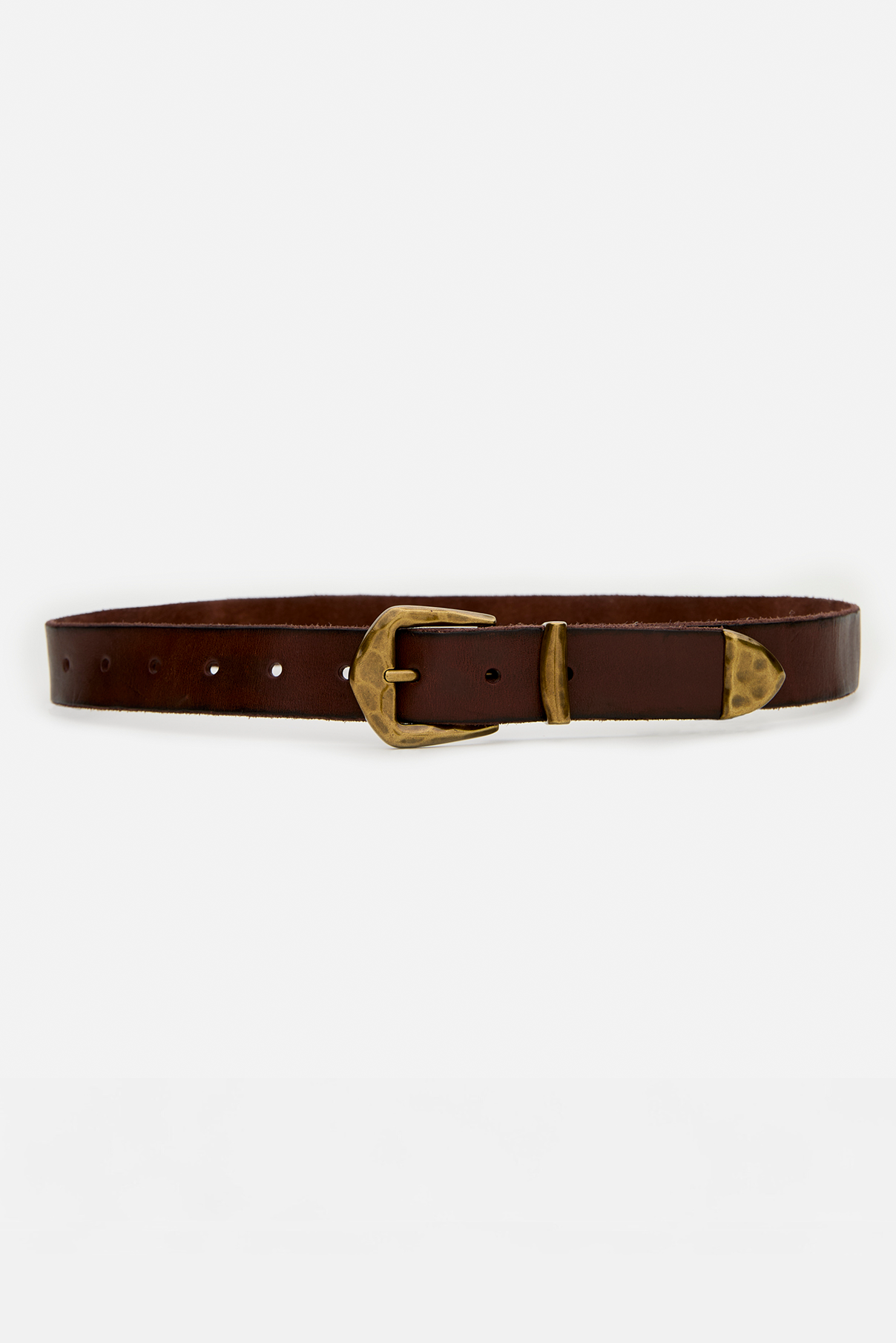 Wren chestnut vintage leather belt displayed rolled, showing antique gold Western buckle.