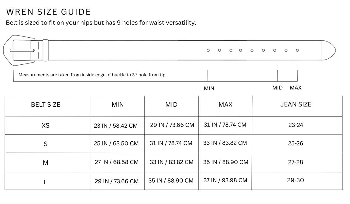 Size chart for Wren / Chestnut Vintage