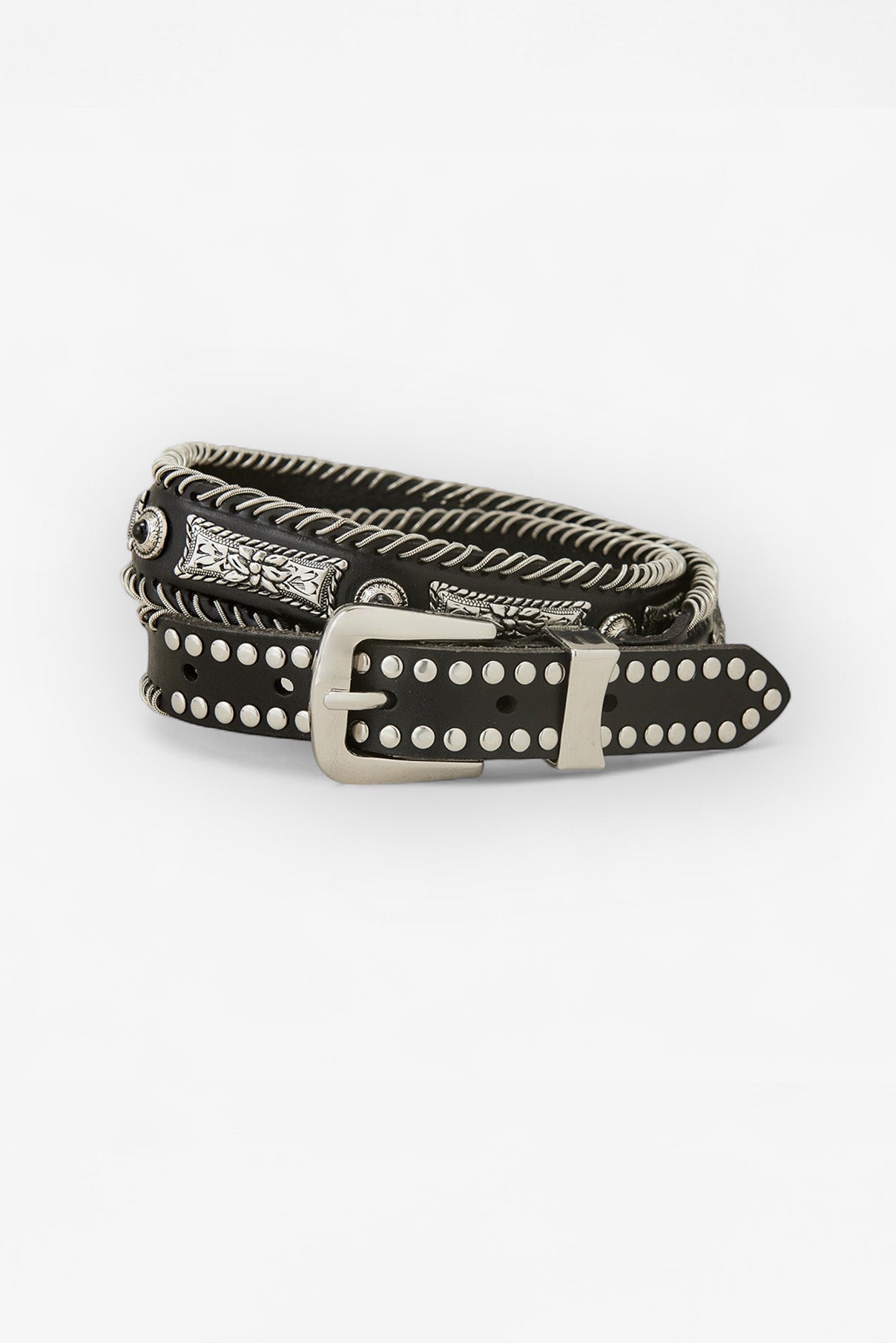 Zane Black Studded Leather Belt with Silver Hardware | Linea Pelle