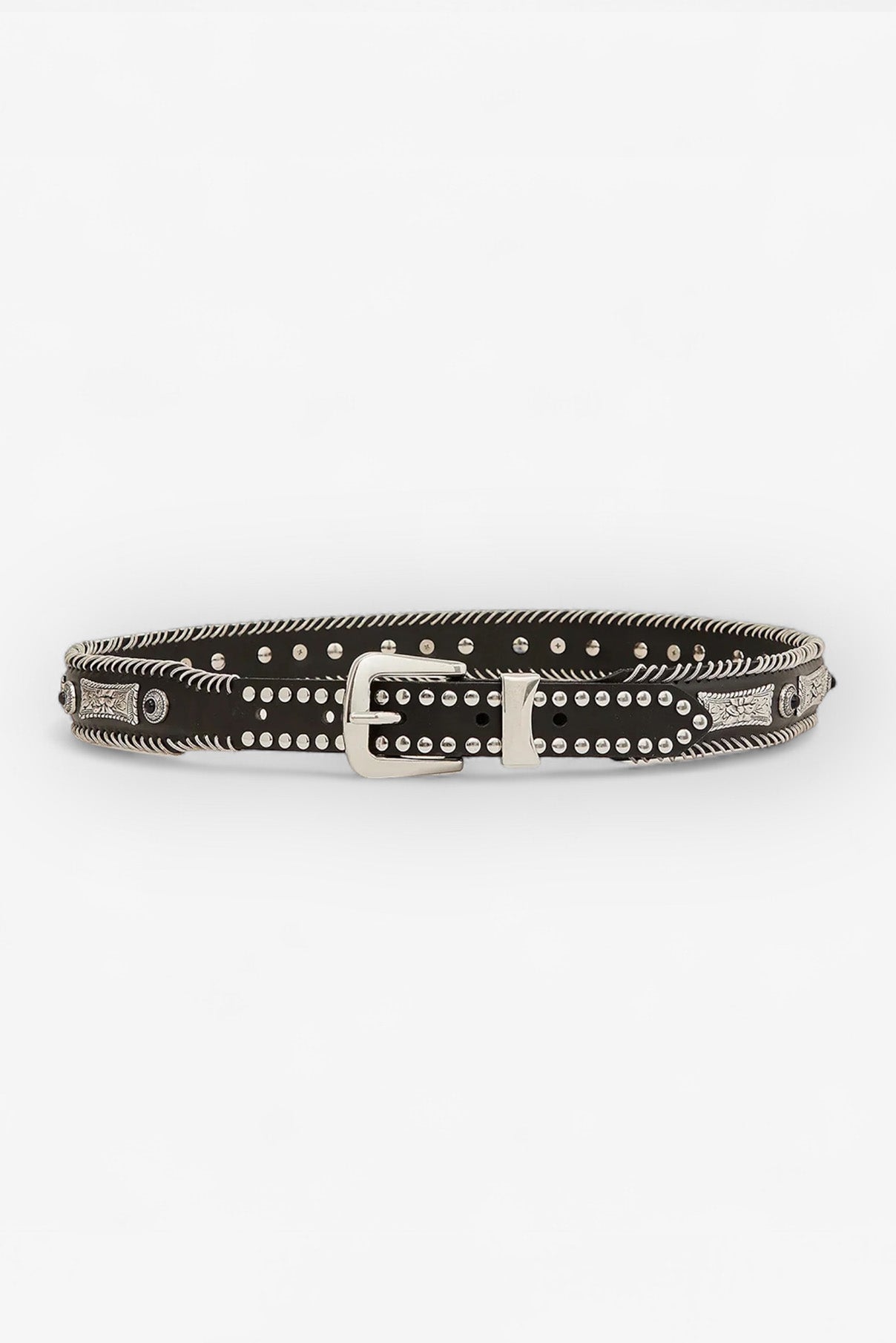 Zane black leather belt displayed rolled, showing stud details and engraved silver hardware.