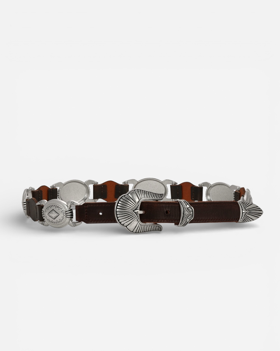 Tanner Espresso Leather Belt with Western Concho Details | Linea Pelle