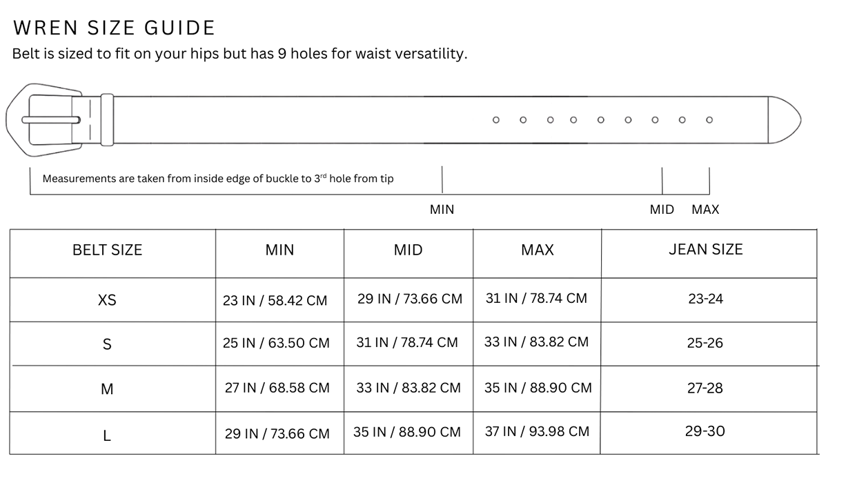 Size chart for Wren / Black Vintage